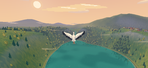 Une cigogne en plein vol au-dessus d’un lac et des forêts vosgiennes dans le jeu